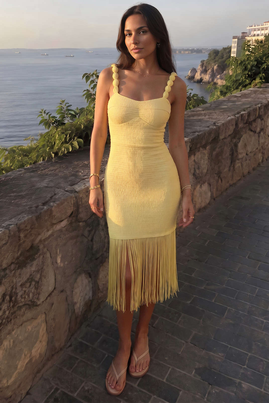 Fringe Slip Sleeveless Midi Dress