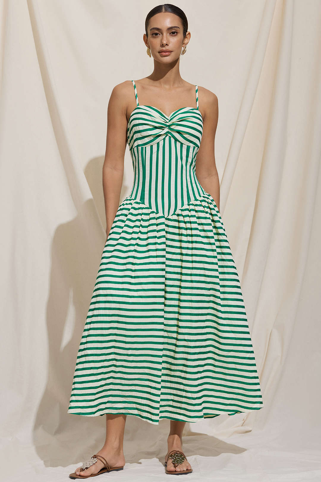 Stripes Print Ruched Zipper Slip Sleeveless Maxi Dress
