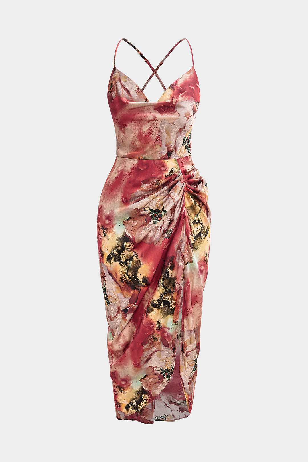 Floral Print Satin Draped Cowl Neck Asymmetrical Ruched Sleeveless Midi Dress
