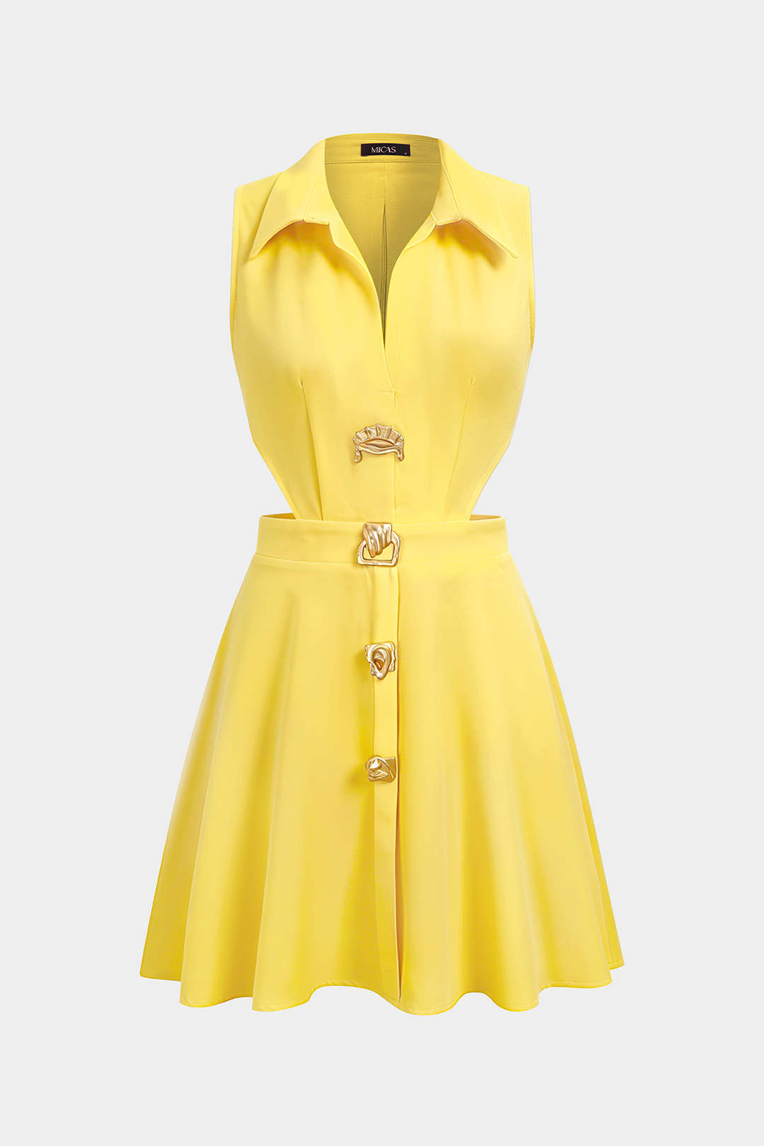 Lapel Metallic Irregular Button Cut Out Sleeveless Mini Dress