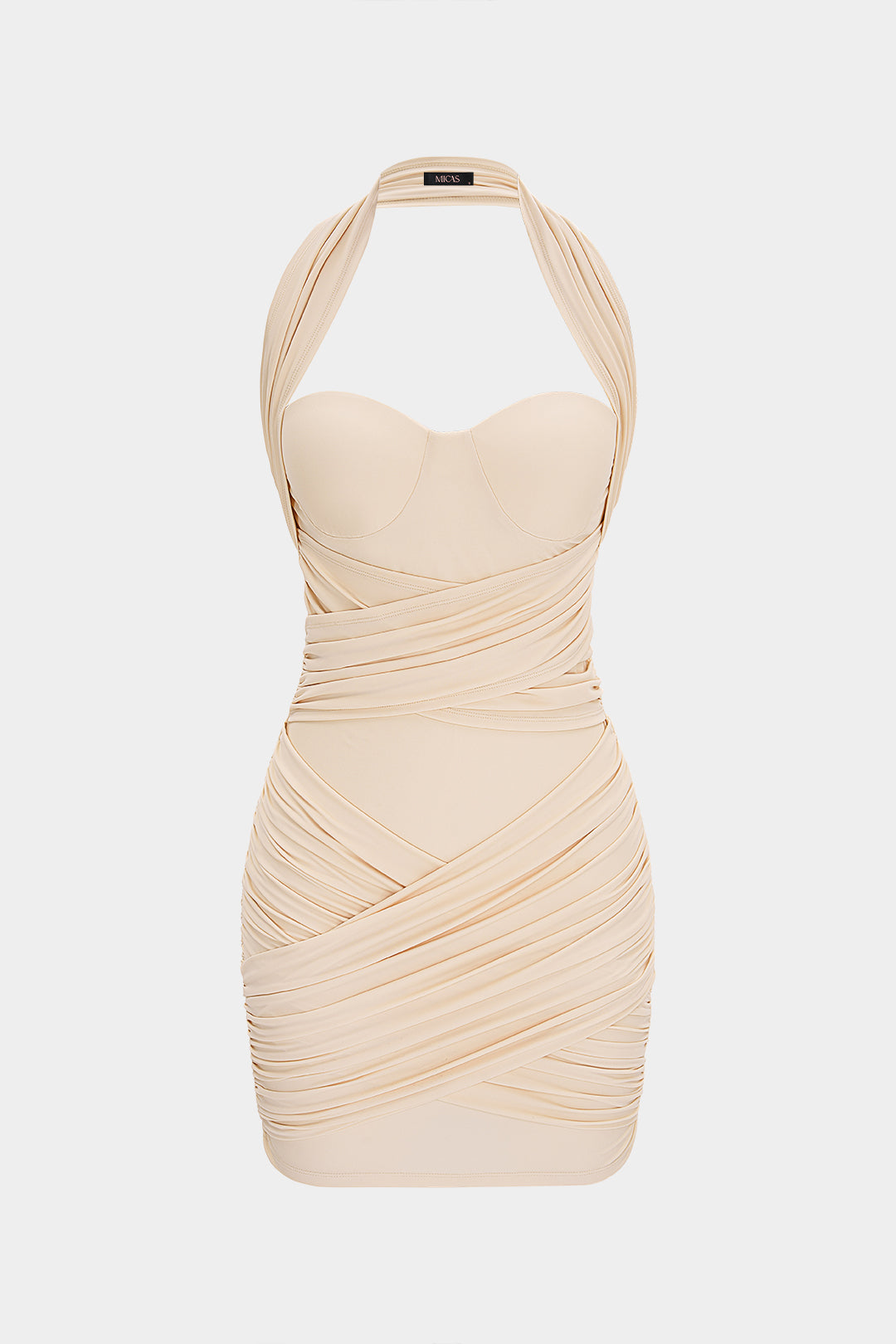 Halter Neck Crossed Ruched Backless Sleeveless Mini Dress