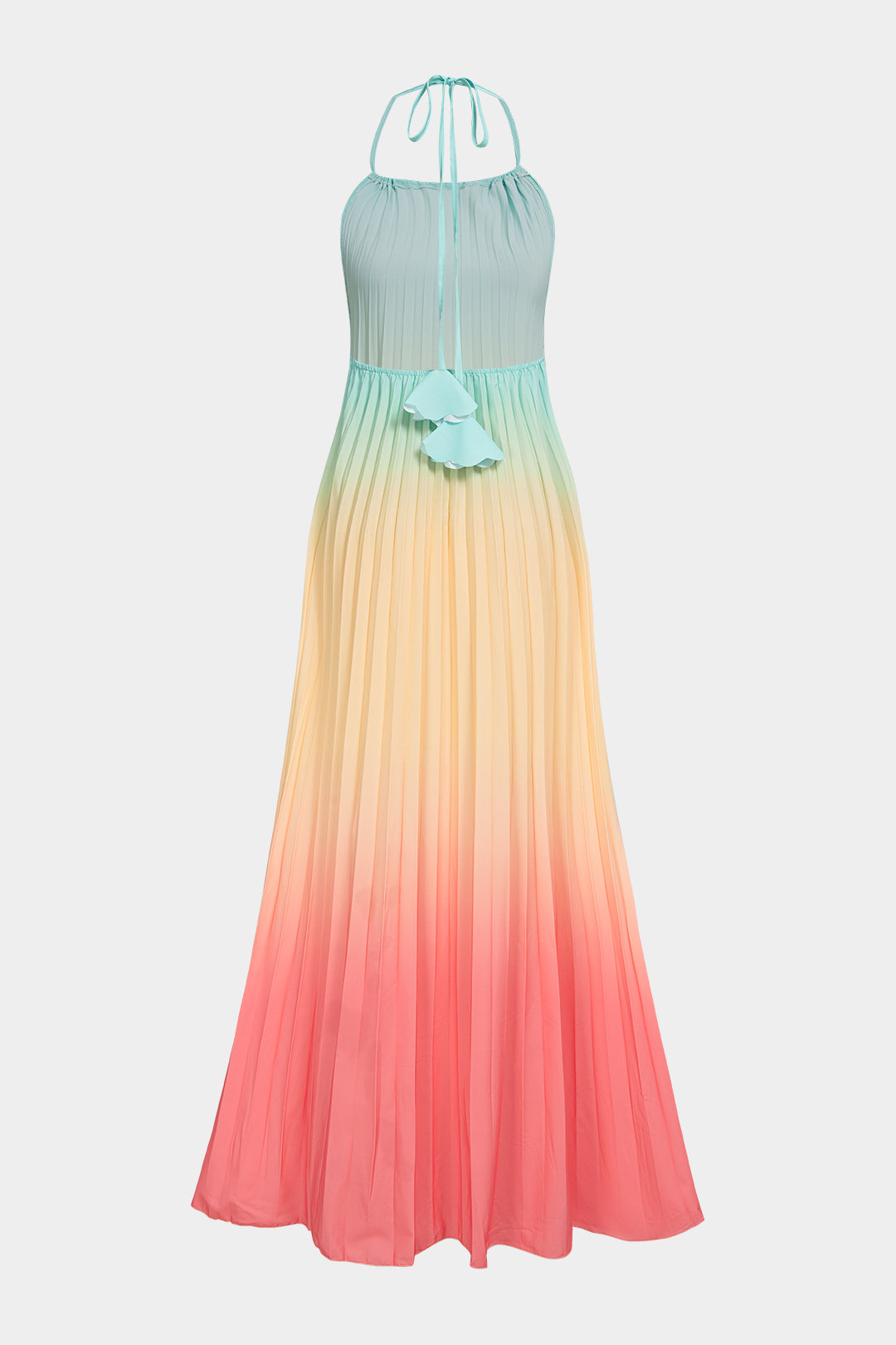 Ombre Print Halter Tie Back Backless Pleated Sleeveless Maxi Dress