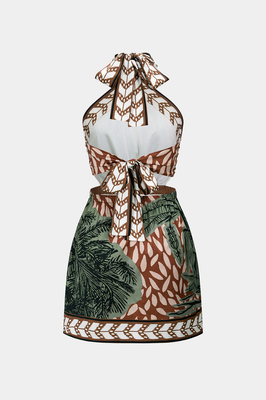 Leaves Print Satin Halter Neck Tie Back Backless Sleeveless Mini Dress