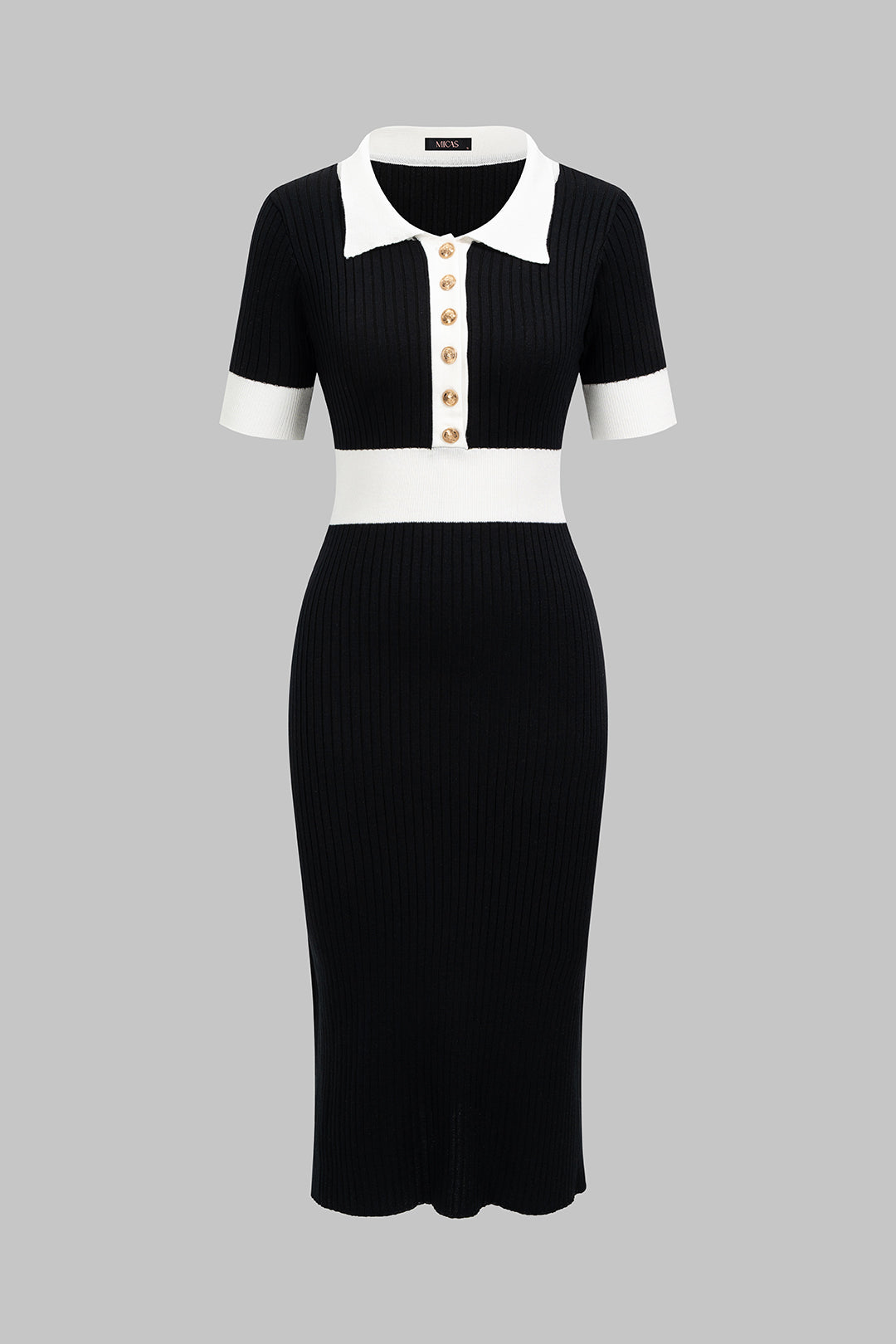 Knit Contrast Polo Collar Button Short Sleeve Midi Dress