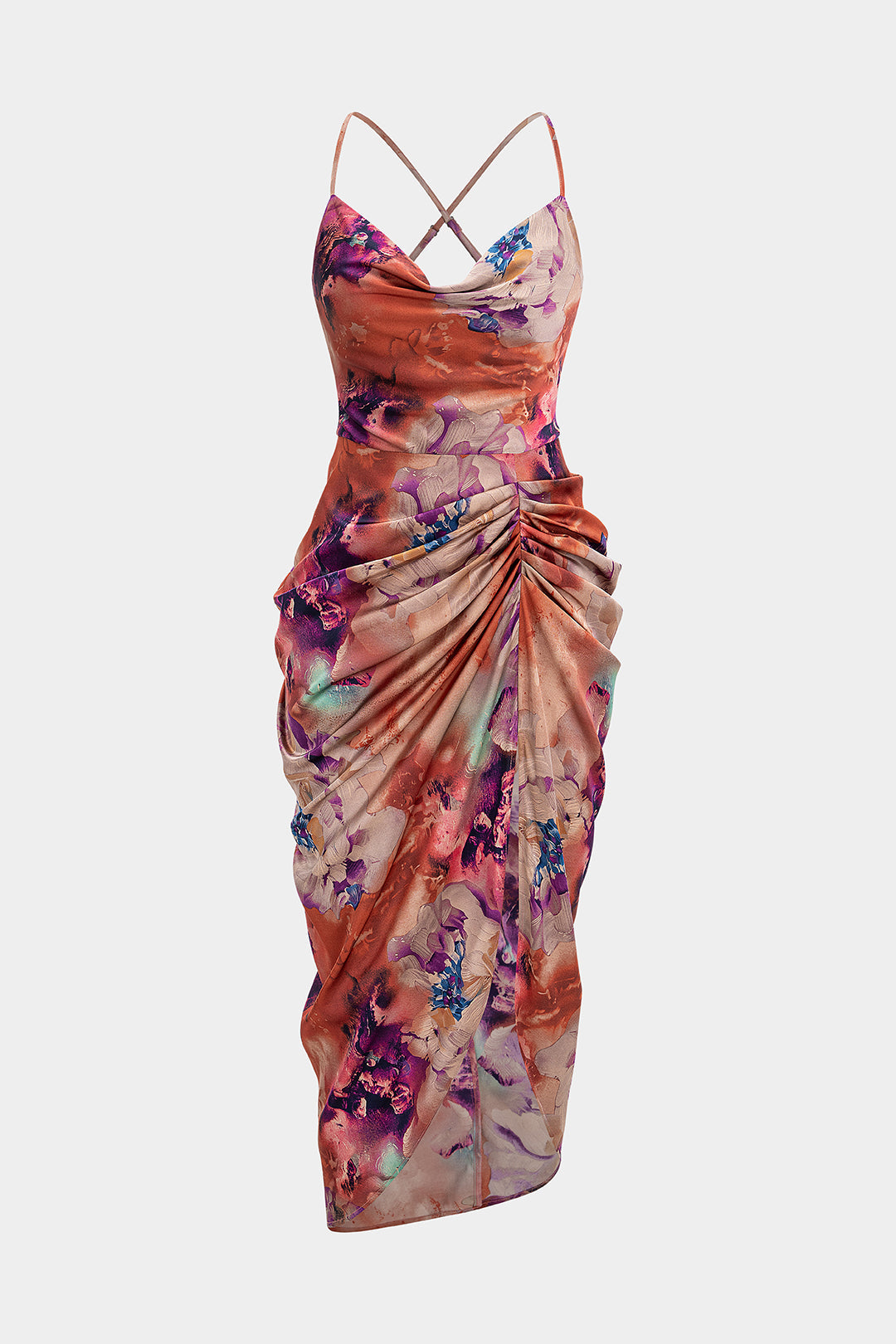 Floral Print Satin Draped Cowl Neck Asymmetrical Ruched Sleeveless Midi Dress